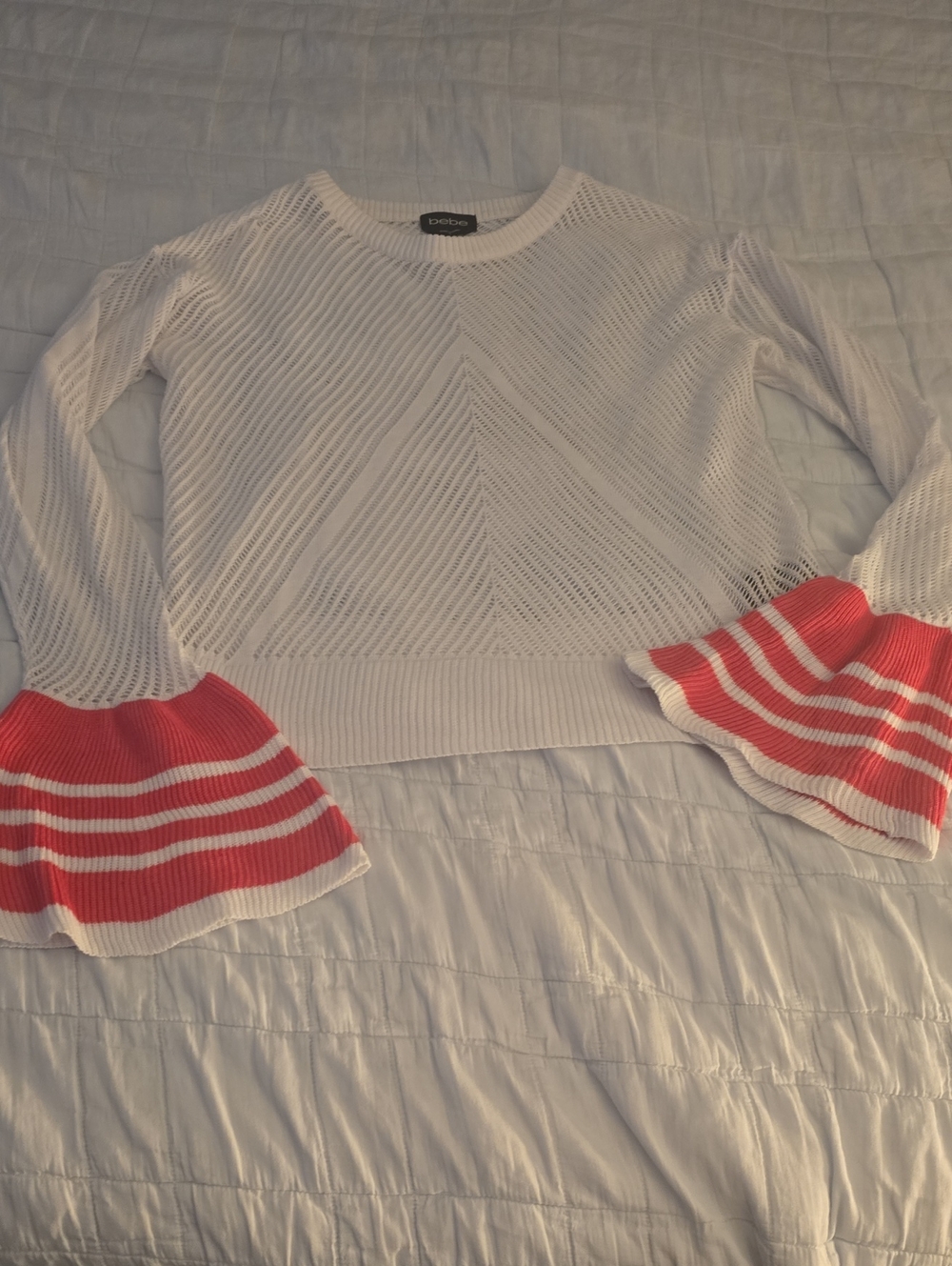 BEBE White Knit Sweater with Coral Stripe Bell Sleeves
